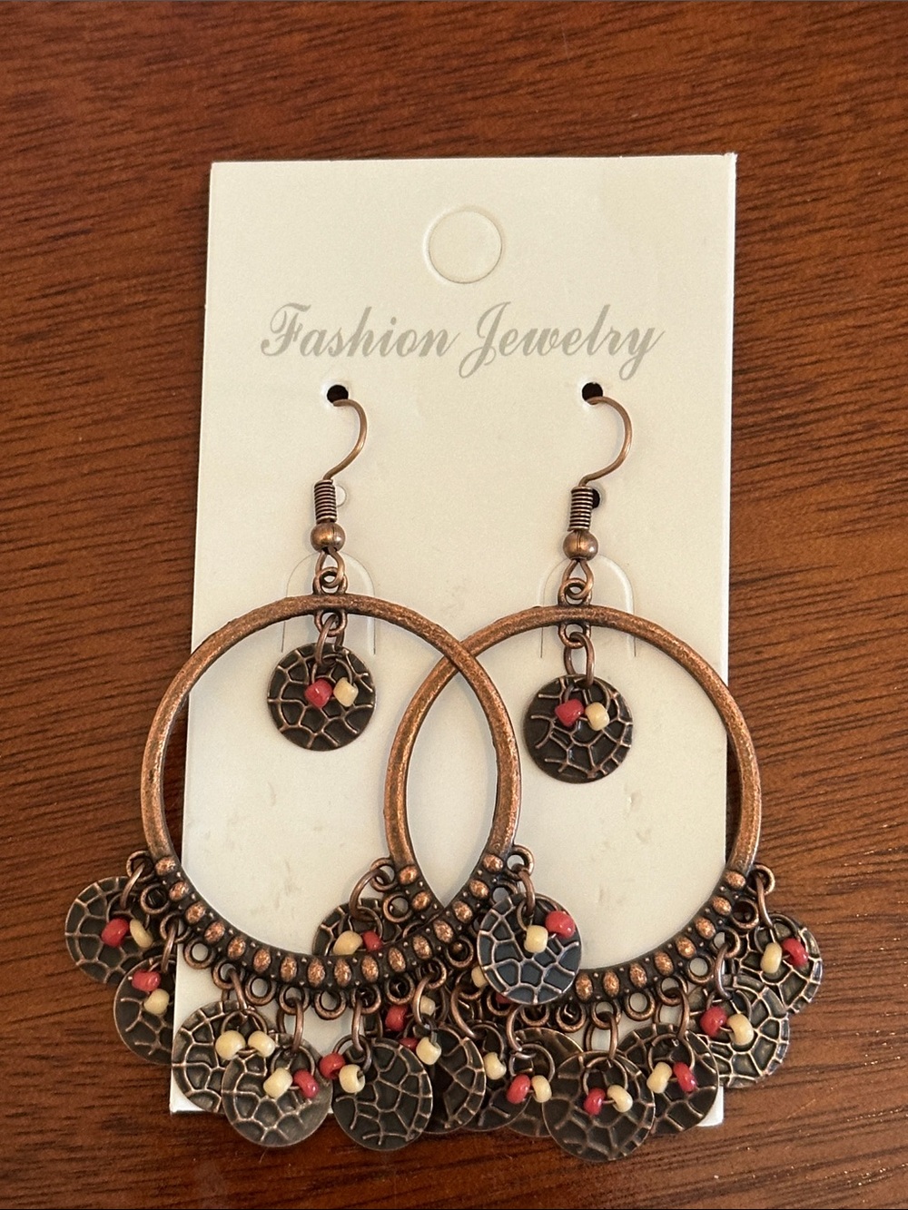 Copper-Tone Hoop Earrings with Red & Cream Bead Accents